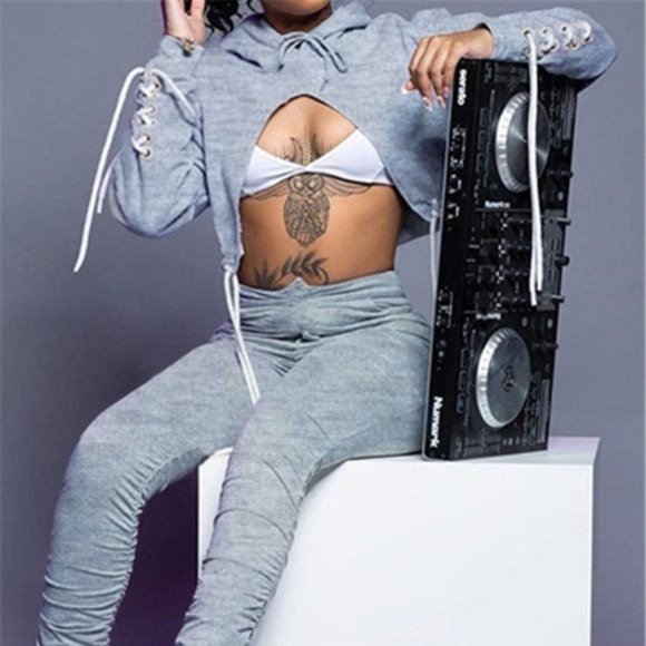 Callie Lives Pants - Stasia Laced & Ruched: Kesha Gray Cut Out Cropped Hoodie & Jogger Set